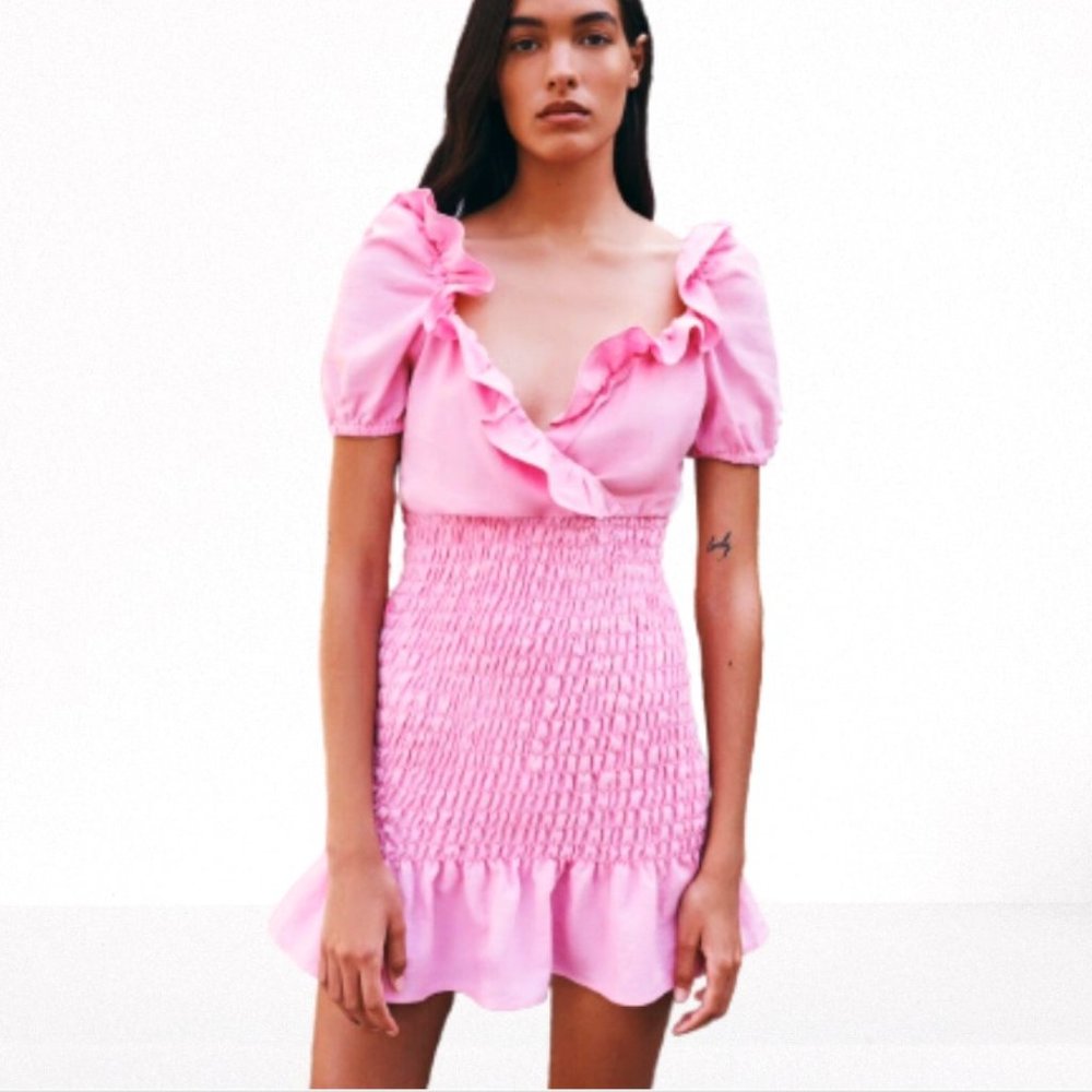 Zara Pink Linen Blend V Neck Ruffled Mini Dress, XS - Picture 2 of 11